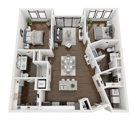 a 3d rendering of our 1 bedroom apartment at the crossings at white marsh apartments in white